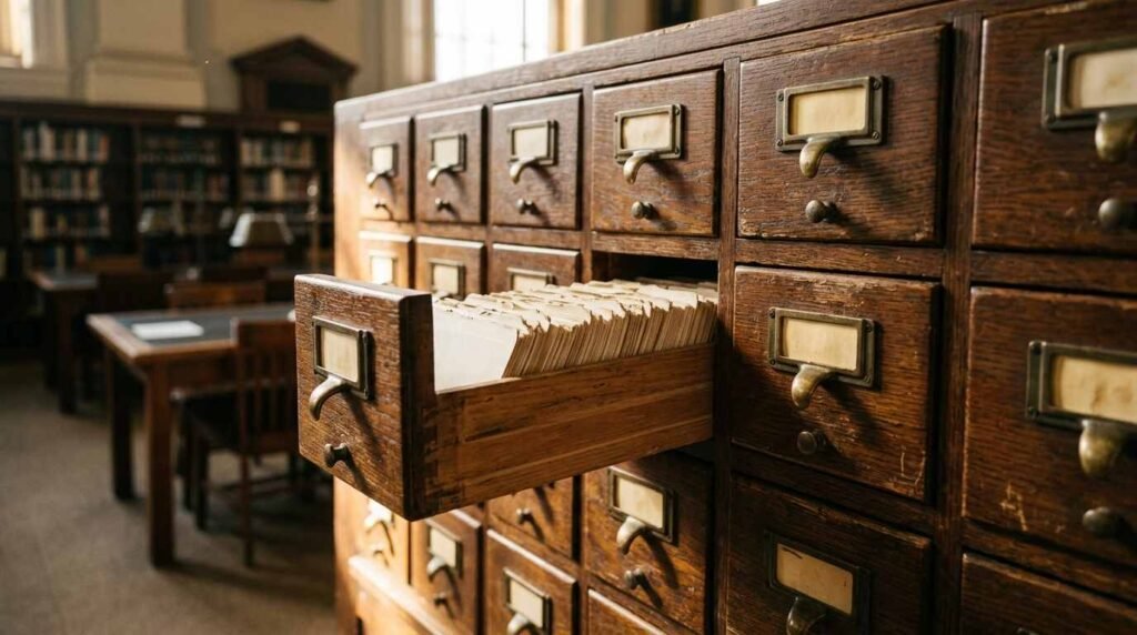 Wooden library catalog drawer pulled open