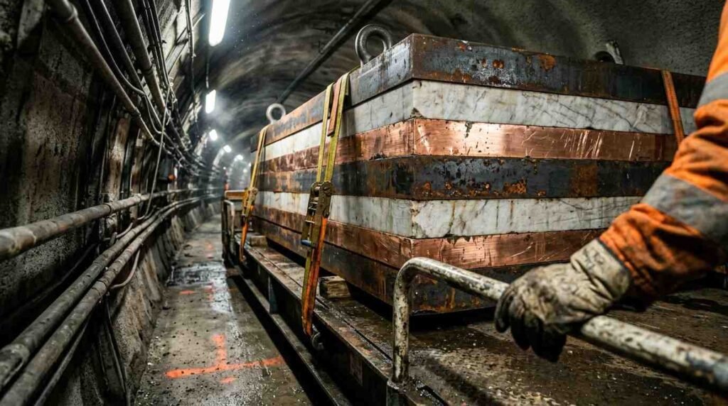 Laminated iron, copper and marble block guided through a narrow tunnel on a rail-less transporter