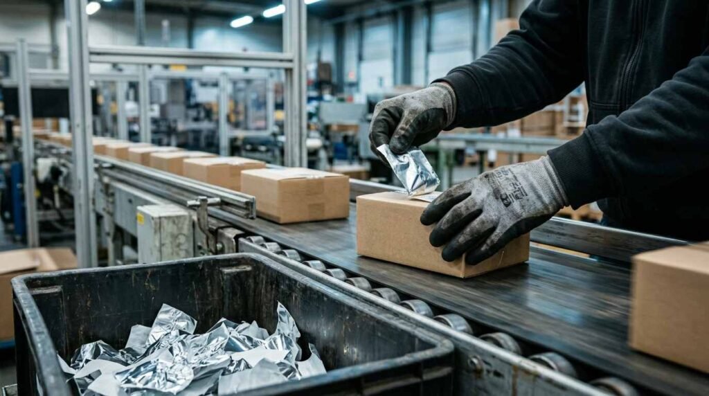 Gloved hands removing a foil label from a parcel on a conveyor belt