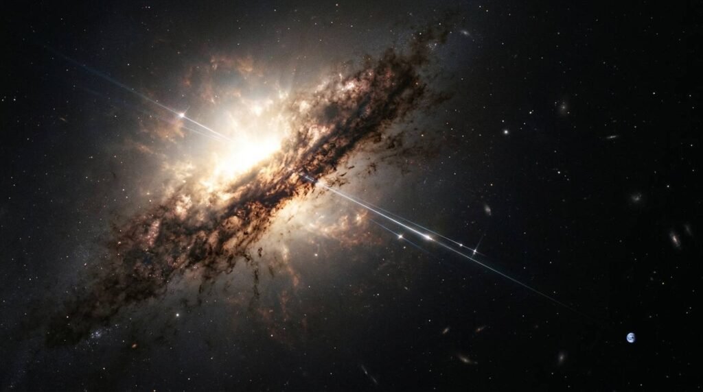An active galaxy whose dusty core hides its light while thin streaks of neutrinos travel straight toward Earth.