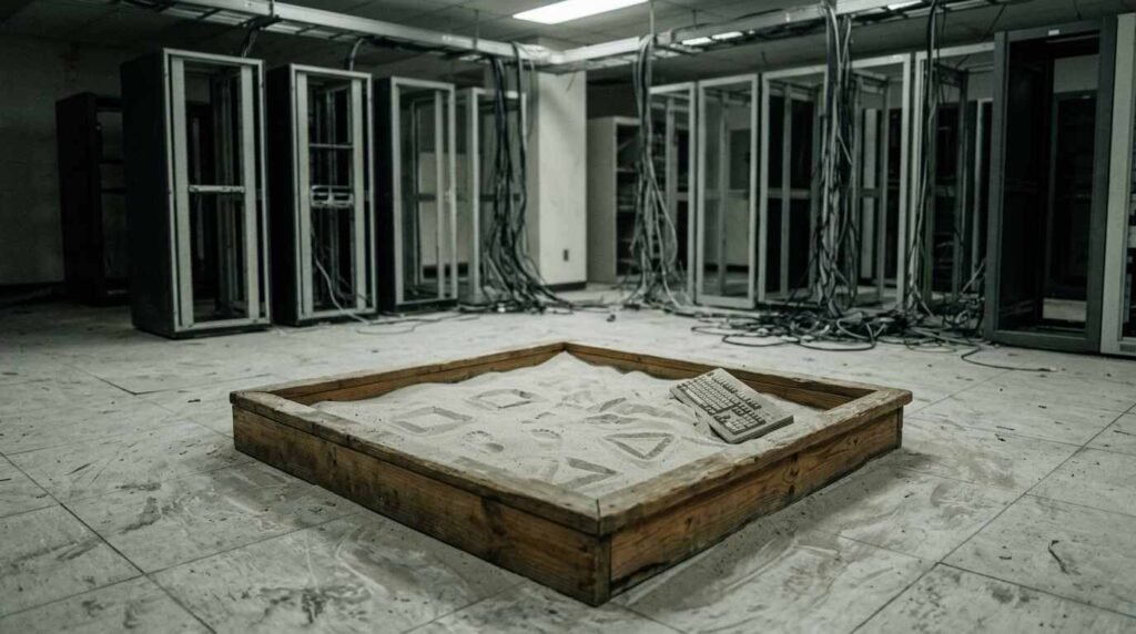 A child-sized sandbox in an empty server room with a half-buried keyboard.
