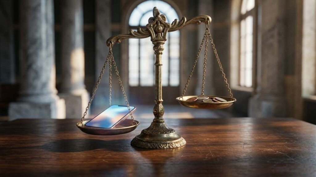 A vintage brass scale balancing a glowing smartphone against a few coins, illustrating attention versus income