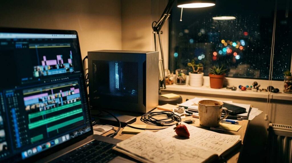 A cluttered late-night home studio with a video editing timeline, GPU workstation and a strawberry on a notebook