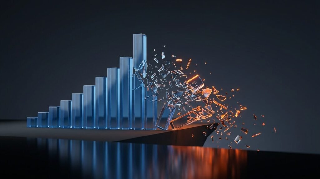 Glass data bars climbing steeply then shattering at a ledge, illustrating the AI video view curve and cliff