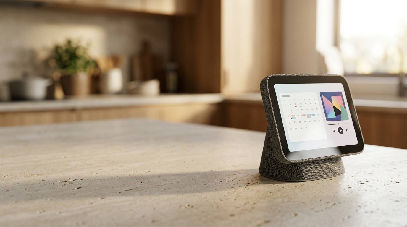 An unbranded smart home display on a pale stone kitchen counter in soft morning light.