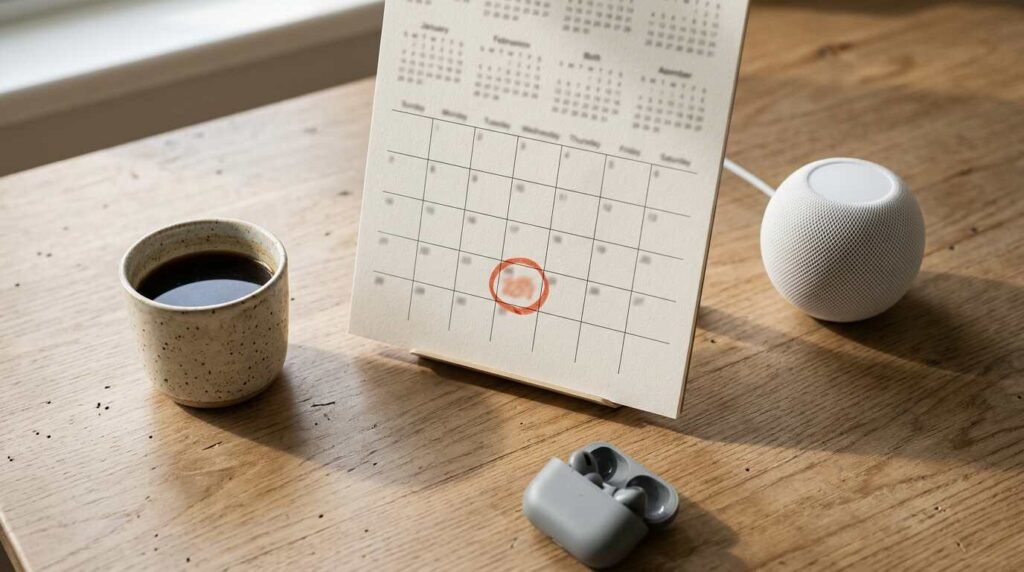 A desk calendar with one date circled in red beside a coffee cup, earbuds and a smart speaker.