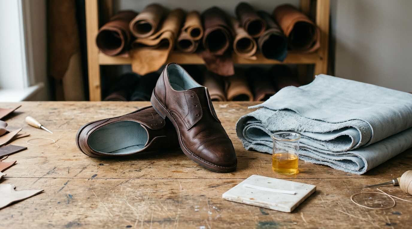 A leather shoe showing its blue-grey chrome-tanned lining beside folded wet-blue hides and a beaker of yellow solution on a leather workshop bench
