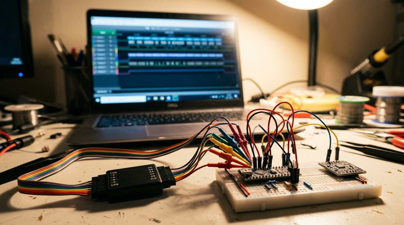 Eight-channel USB logic analyzer clipped to a breadboard with a sensor module