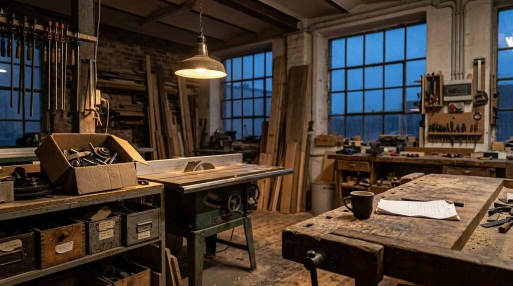 A European woodworking workshop at dusk with a cabinet table saw, spare parts box and a checklist for owners