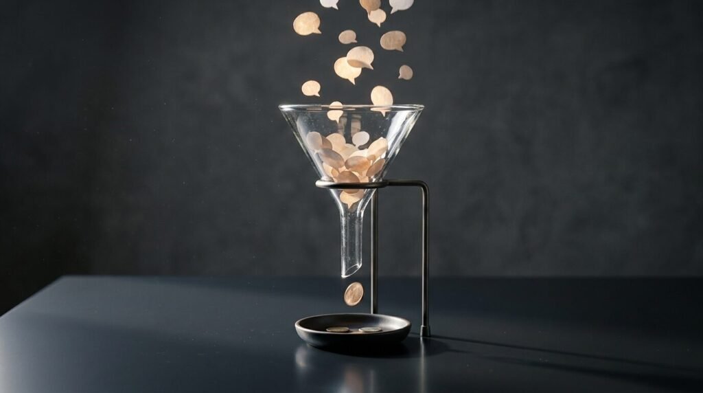 A glass funnel catching glowing speech bubbles and dropping one coin into a dish, representing attention turned into money.