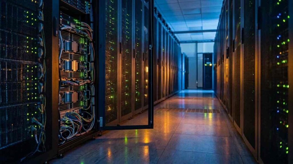 A data-center aisle with an open rack door showing a GPU server.