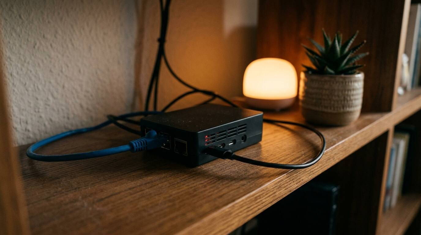 A Raspberry Pi with Ethernet and power cables on a living-room shelf next to a smart lamp