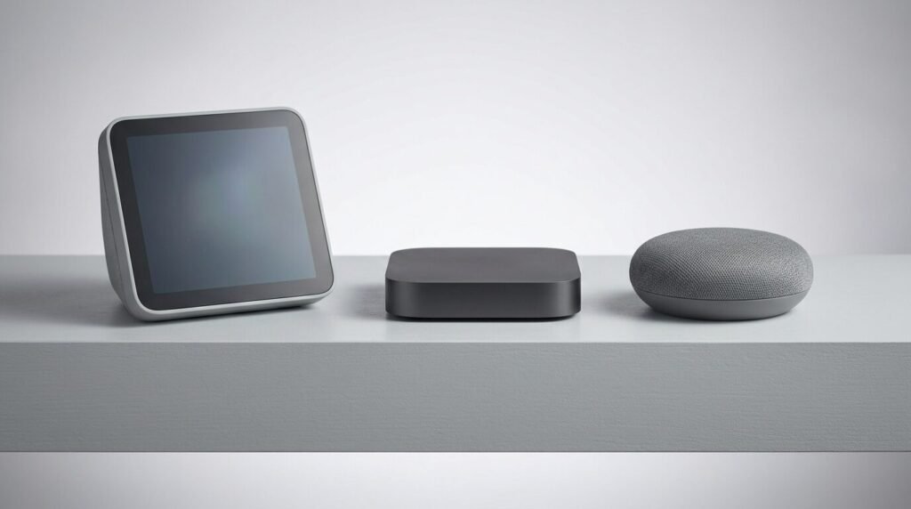 A small smart display, a streaming box and a mini speaker arranged on a pale grey shelf.