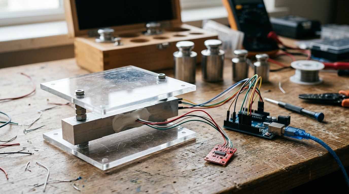 DIY load cell scale with an HX711 board and Arduino on a workbench