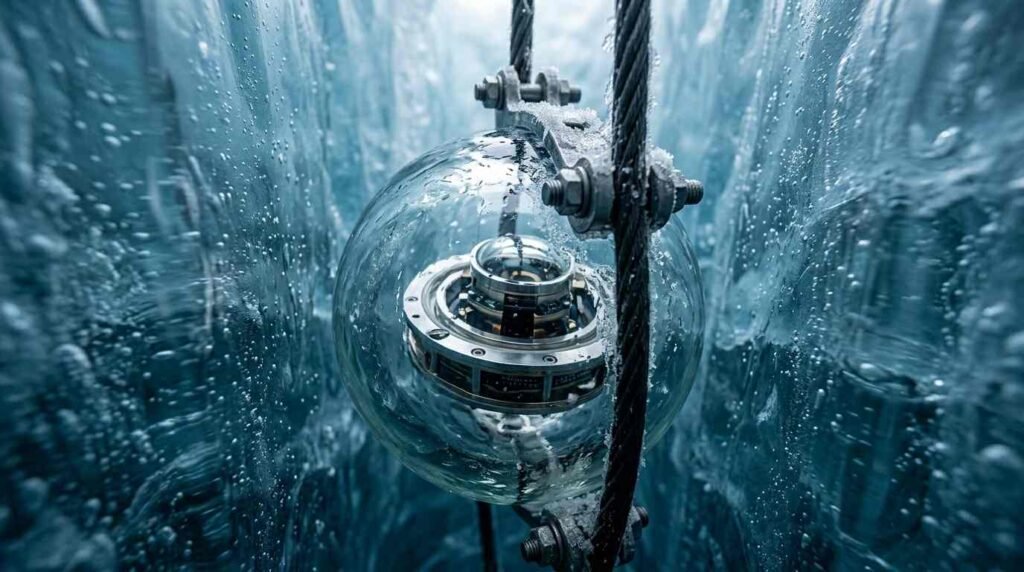 A glass optical sensor suspended in clear Antarctic ice.