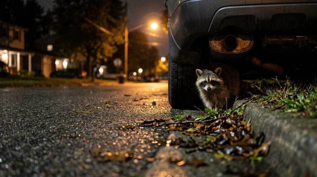 A compact raccoon peeking out from under a parked car on a wet night street