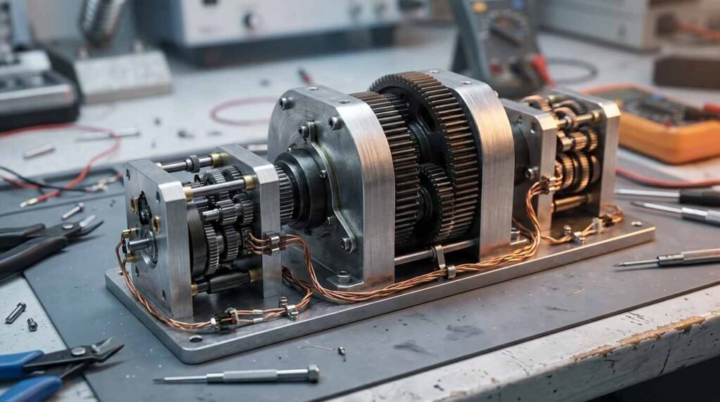 A three-stage gear assembly with small fine-gear modules feeding a large dense gear block.