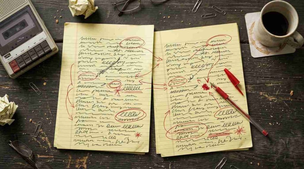 Two matching notepads of handwritten joke notes on a desk, with matching lines circled in red pen.