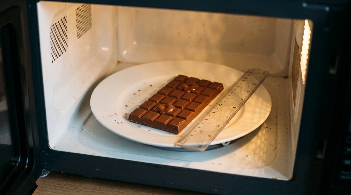 Chocolate bar on a plate with two melted spots, a ruler laid beside it to measure their spacing