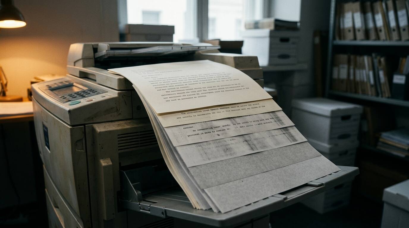 Office photocopier with a fanned stack of copies, each fainter and more garbled than the last