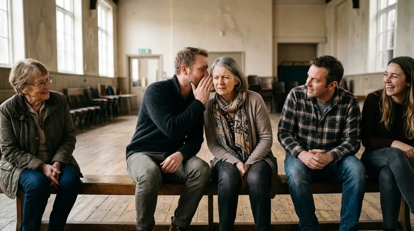 Five adults on a bench playing the telephone game, one whispering into the next person's ear