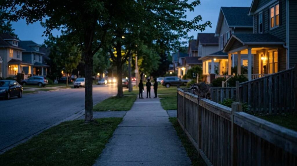 Neighbors keeping a respectful distance from a raccoon on a fence at blue hour