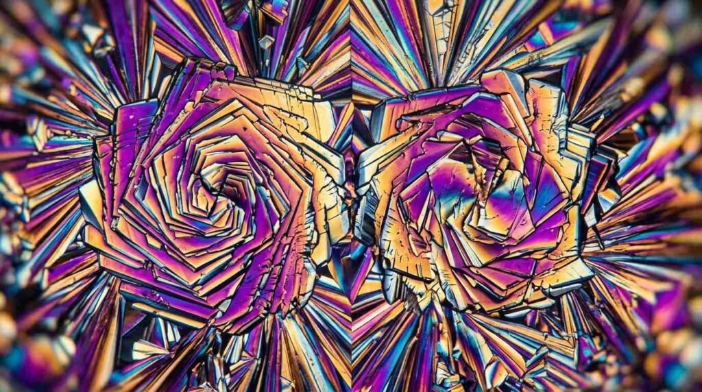 Colorful polarized-light macro photograph of mirrored transparent crystals.