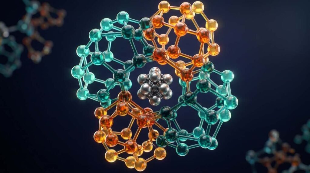 A stylized molecular cluster of four units around a metallic core.