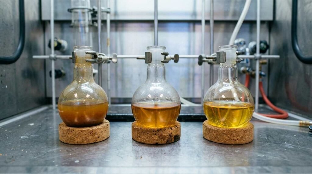 Three laboratory flasks in a row, the liquid clearing from left to right.