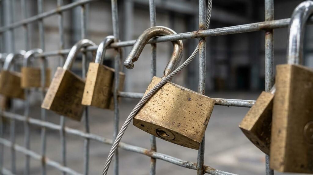A row of brass padlocks on a steel mesh fence with one lock open and a cable through the shackle.
