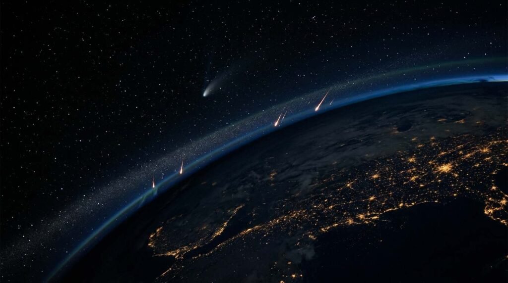 Earth passing through a faint stream of comet dust seen from orbit, with particles igniting as meteors