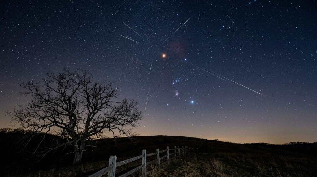 Several meteor trails fanning from near Orion above a ridge with a bare oak and fence in the foreground