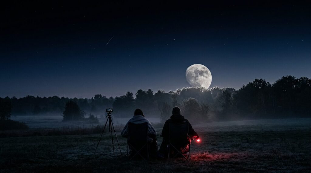 Two observers in folding chairs watching the sky under a waxing gibbous moon with a phone tripod nearby