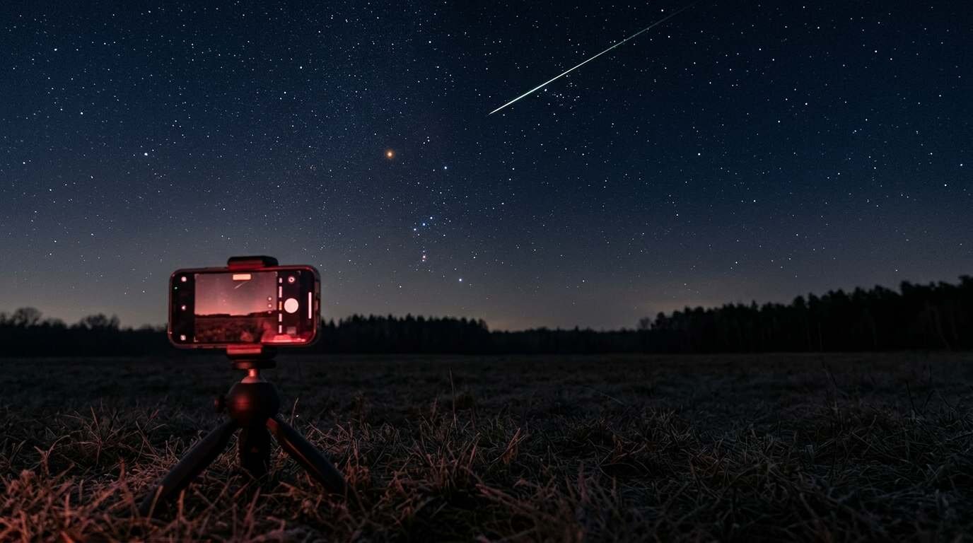 A smartphone on a tripod in a dark field at night with Orion rising and an Orionid meteor streaking across the sky