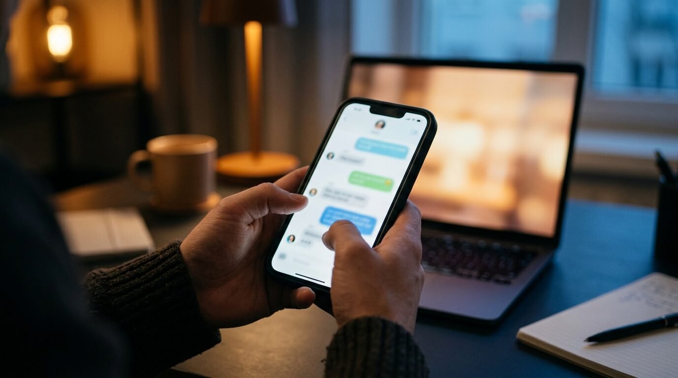 Hands holding a smartphone with a chat conversation on screen, a laptop and lamp glowing in a dim home office