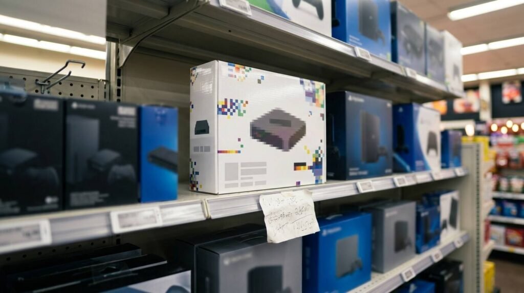 A boxed game console on an electronics store shelf with a blank paper price tag