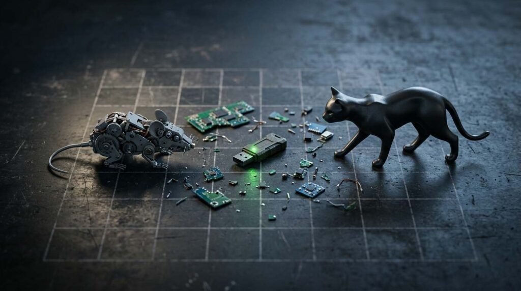 A mechanical mouse and a metal cat figurine face off over circuit fragments and a USB drive, representing the hacker and console maker standoff
