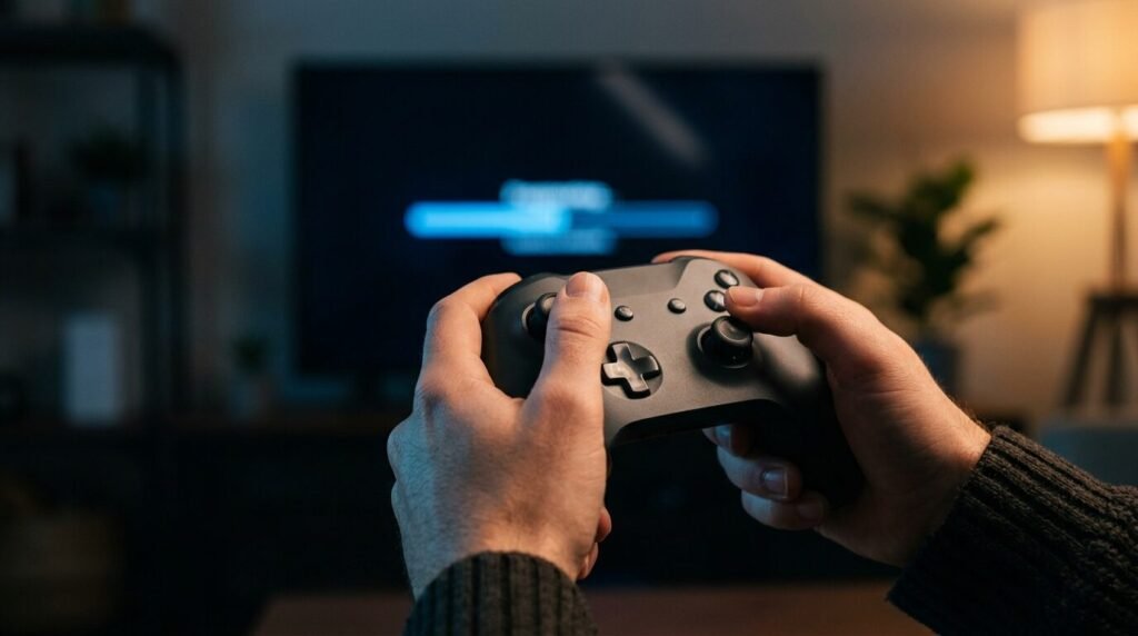 A person holding a wireless game controller in a dim living room with an abstract progress bar on the television