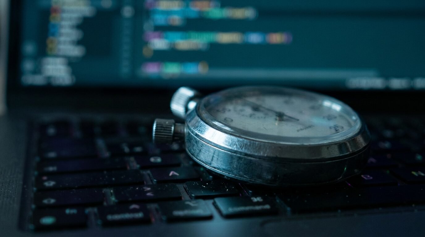 Stopwatch on a laptop keyboard with code on screen