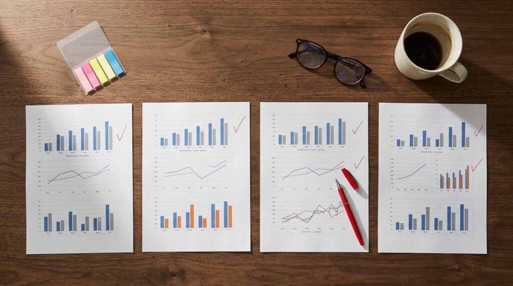 Four printed research charts with red pen checkmarks laid out on a wooden desk.