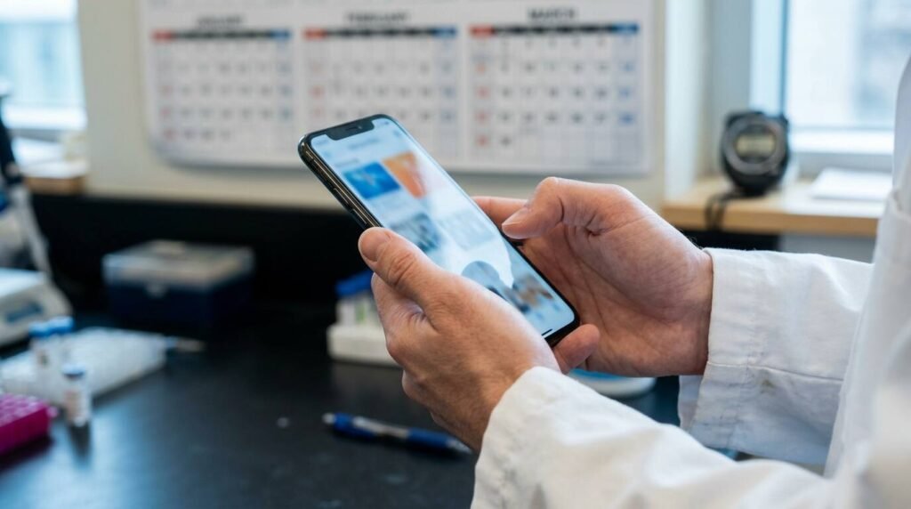 A researcher's hands holding a smartphone with a blurred scrolling feed over a laboratory bench.