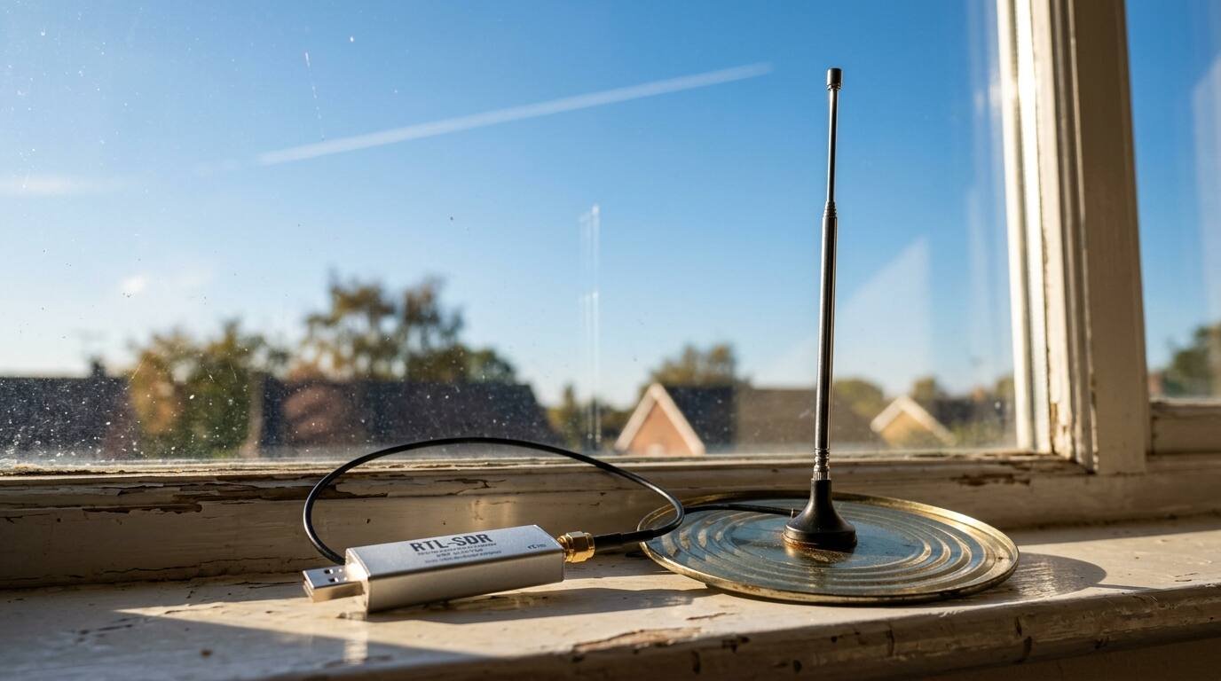 RTL-SDR dongle with a vertical antenna on a windowsill with an airliner contrail in the sky