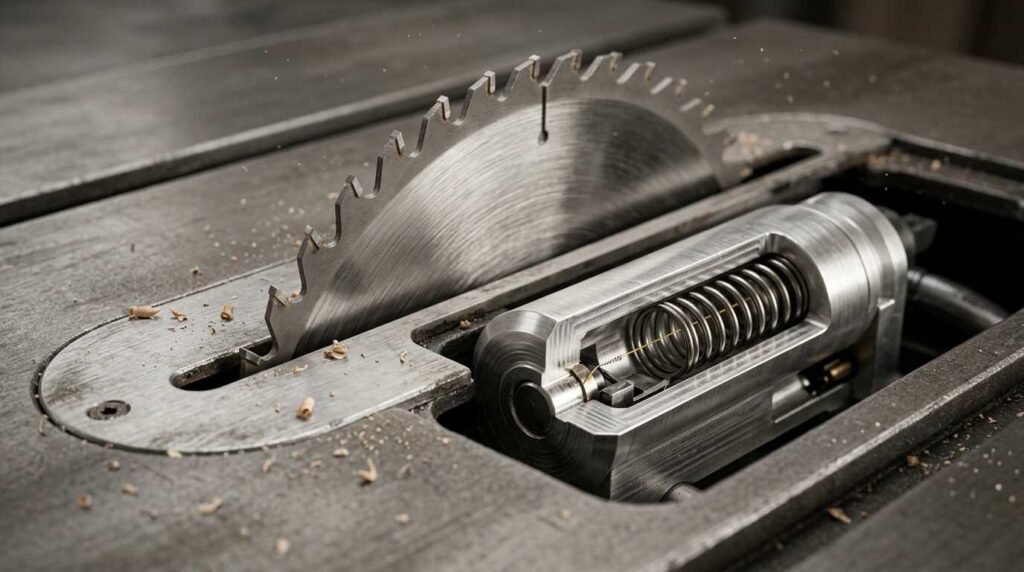Macro view of a table saw blade beside a machined aluminum SawStop-style brake cartridge with spring and fuse wire