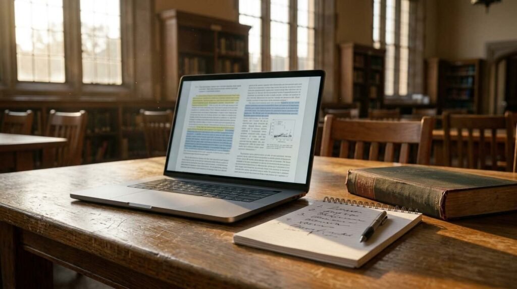 An open laptop on a library table showing a long scientific paper with highlighted lines.
