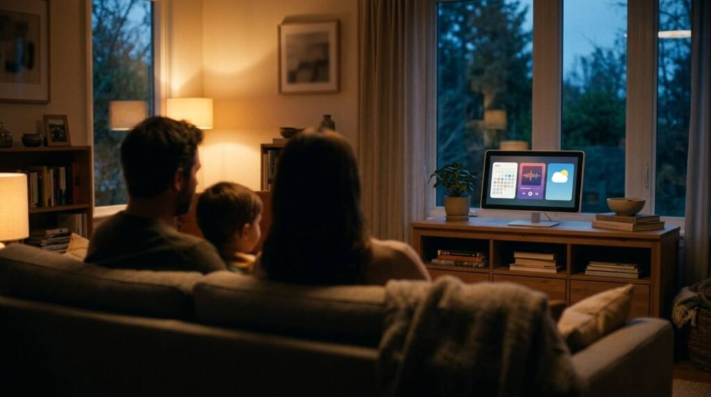 A cozy living room at dusk with a smart display showing three widget cards.