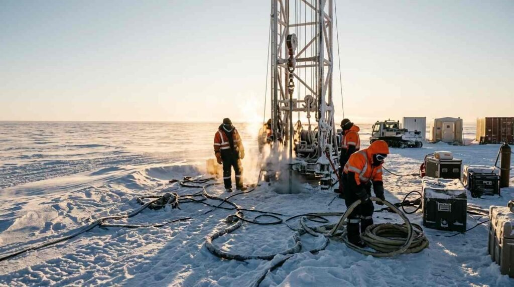 A drilling tower and borehole on the Antarctic plateau at dawn.