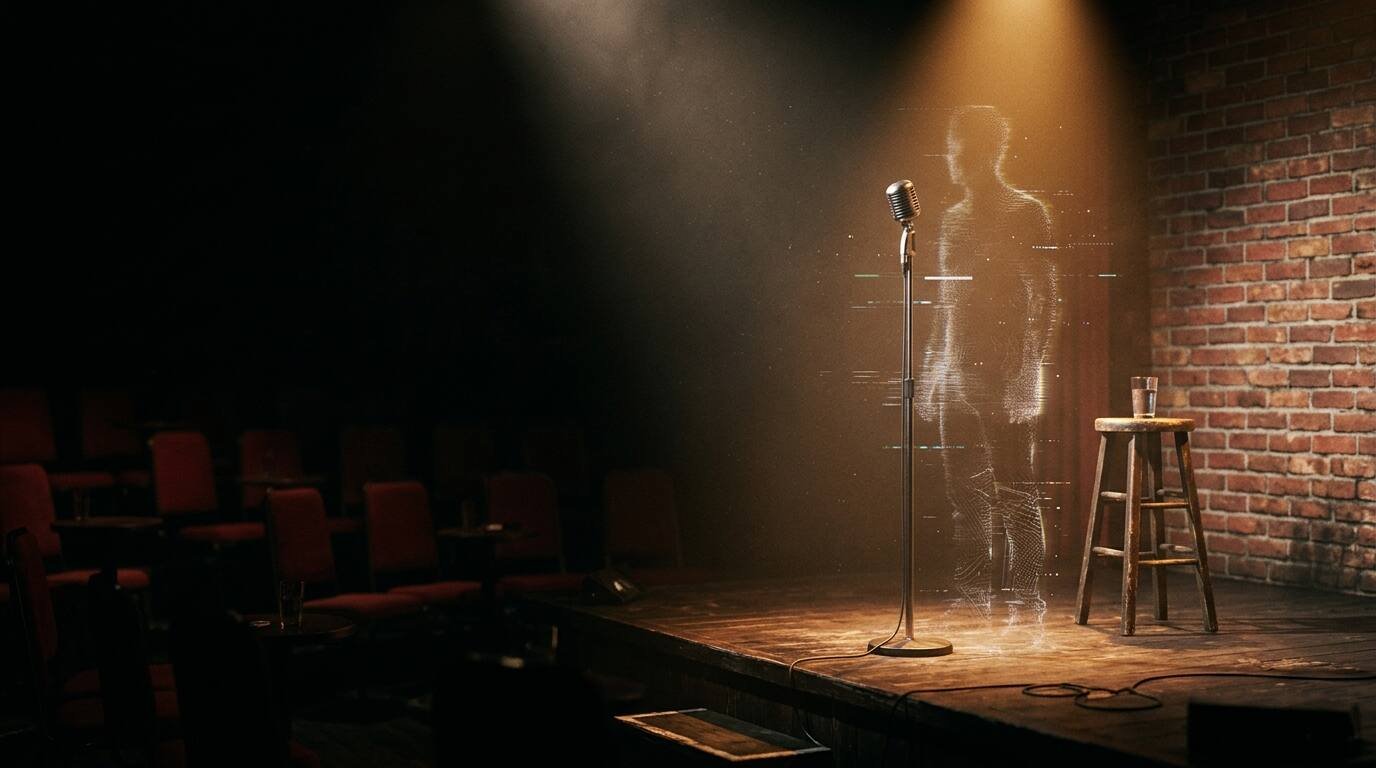 An empty comedy club stage with a microphone under a spotlight and a faint digital glitch where a performer would stand.