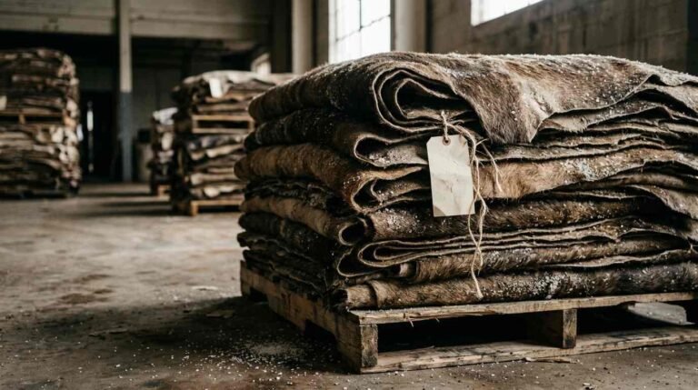 Pallet stack of folded, salt-cured raw cattle hides in a warehouse, lit by window light