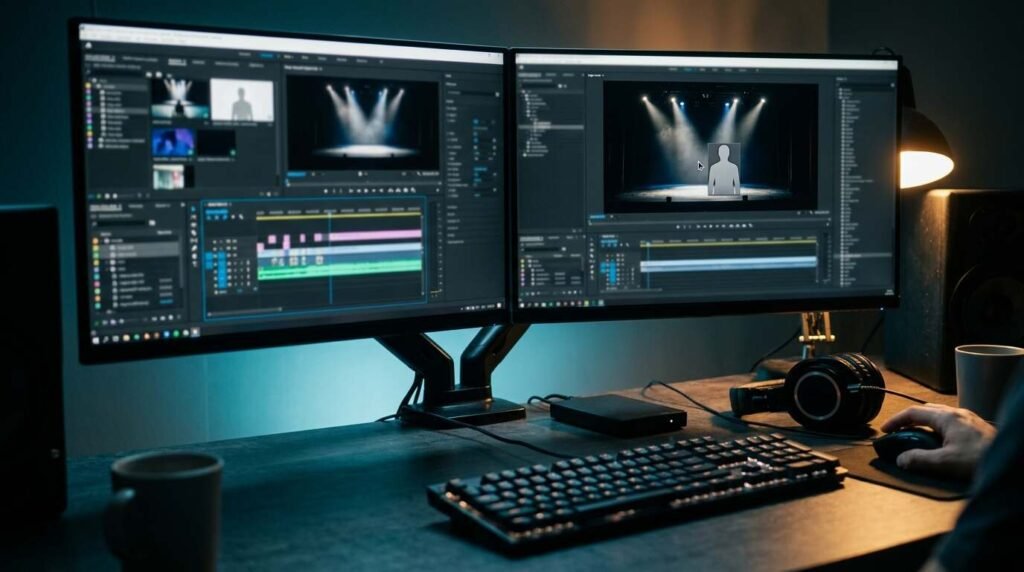 A video editor's workstation with a blank silhouette placeholder being placed onto a stage scene on a monitor.