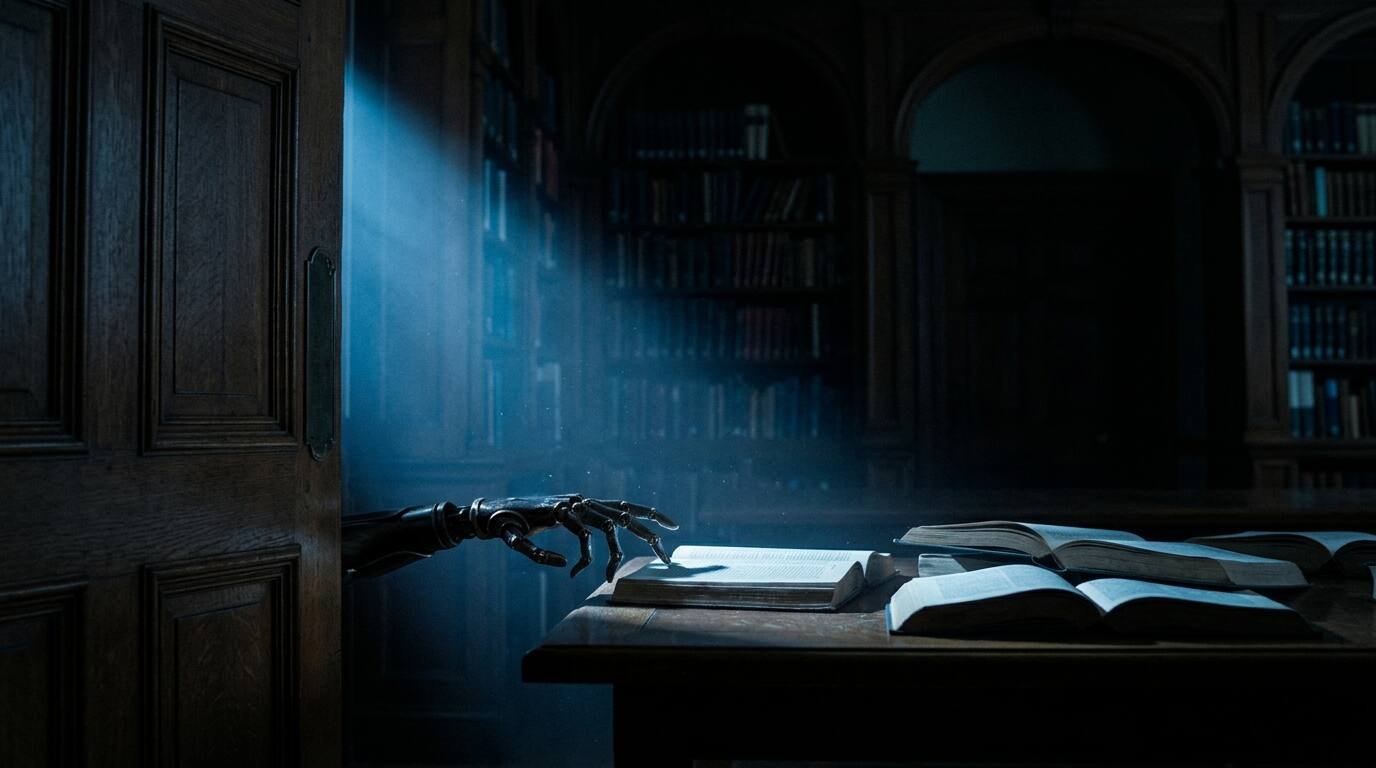 A library door ajar at night with a faceless robotic hand reaching toward a book in a beam of blue light.
